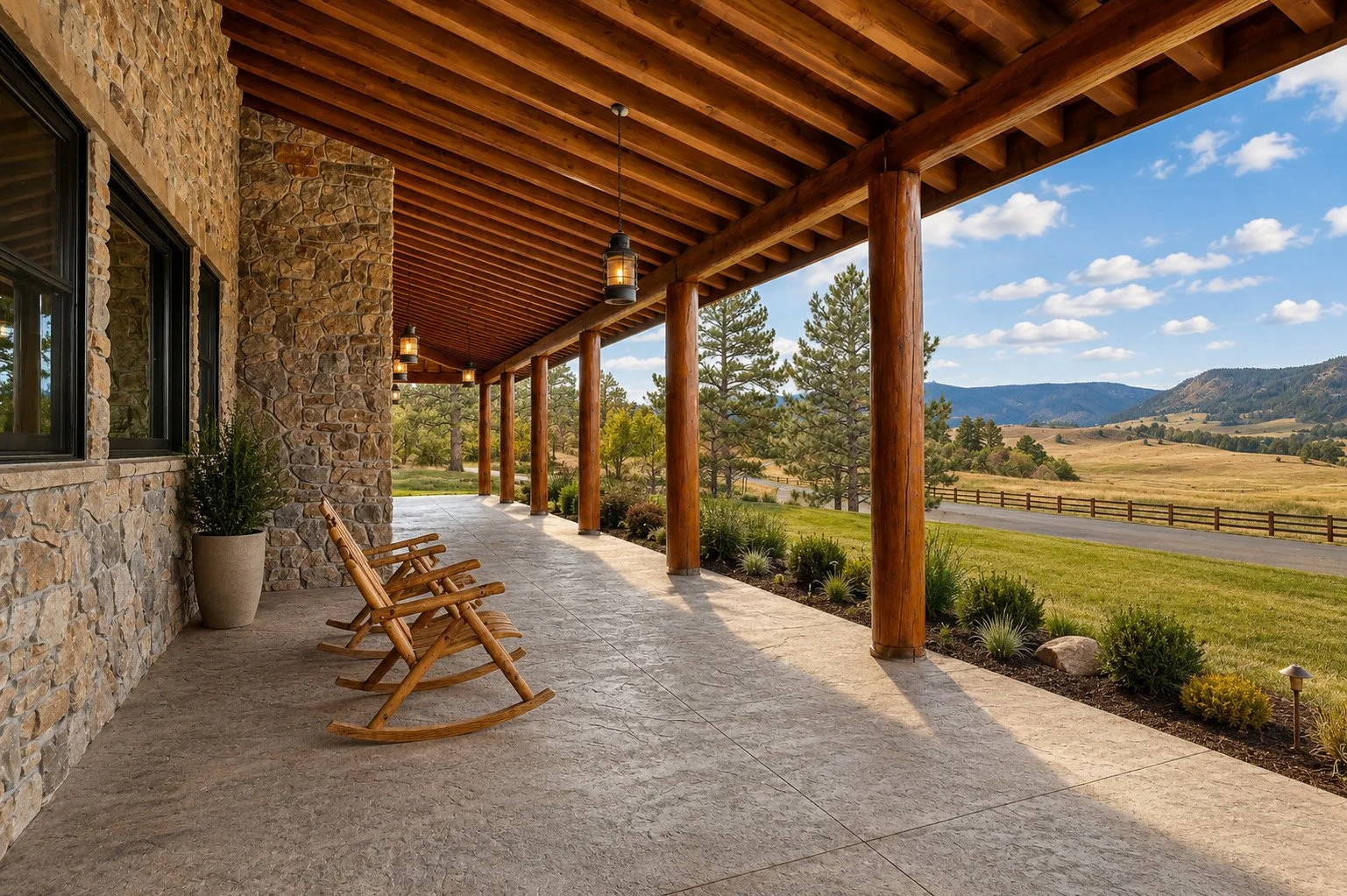 Timber-framed custom home porch overlooking Colorado acreage and rolling landscape, Larkspur, Colorado