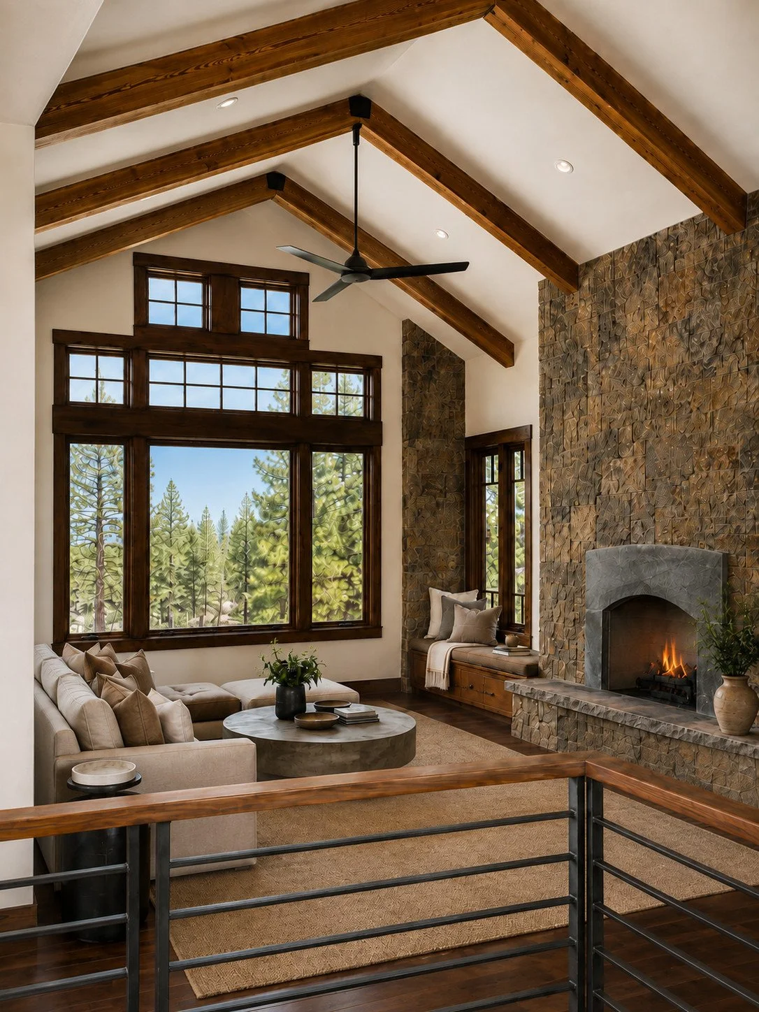 Living Room with vaulted timbers rustic stone fireplace, Sedalia, Colorado