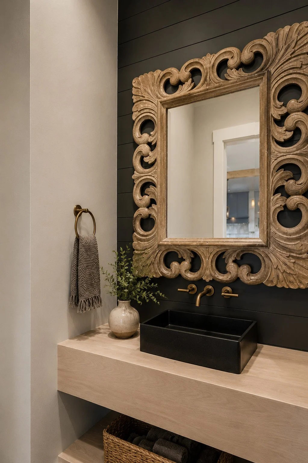 Powder bath vanity with black vessel sink and gold faucet, Franktown, Colorado