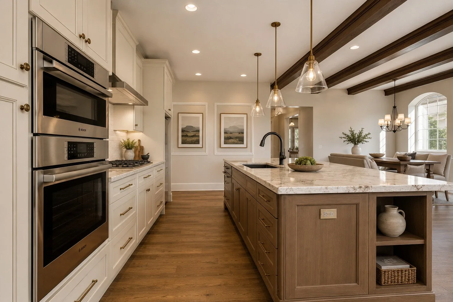 Kitchen with white cabinetry, marble island, and rustic beams, Castle Rock, Colorado