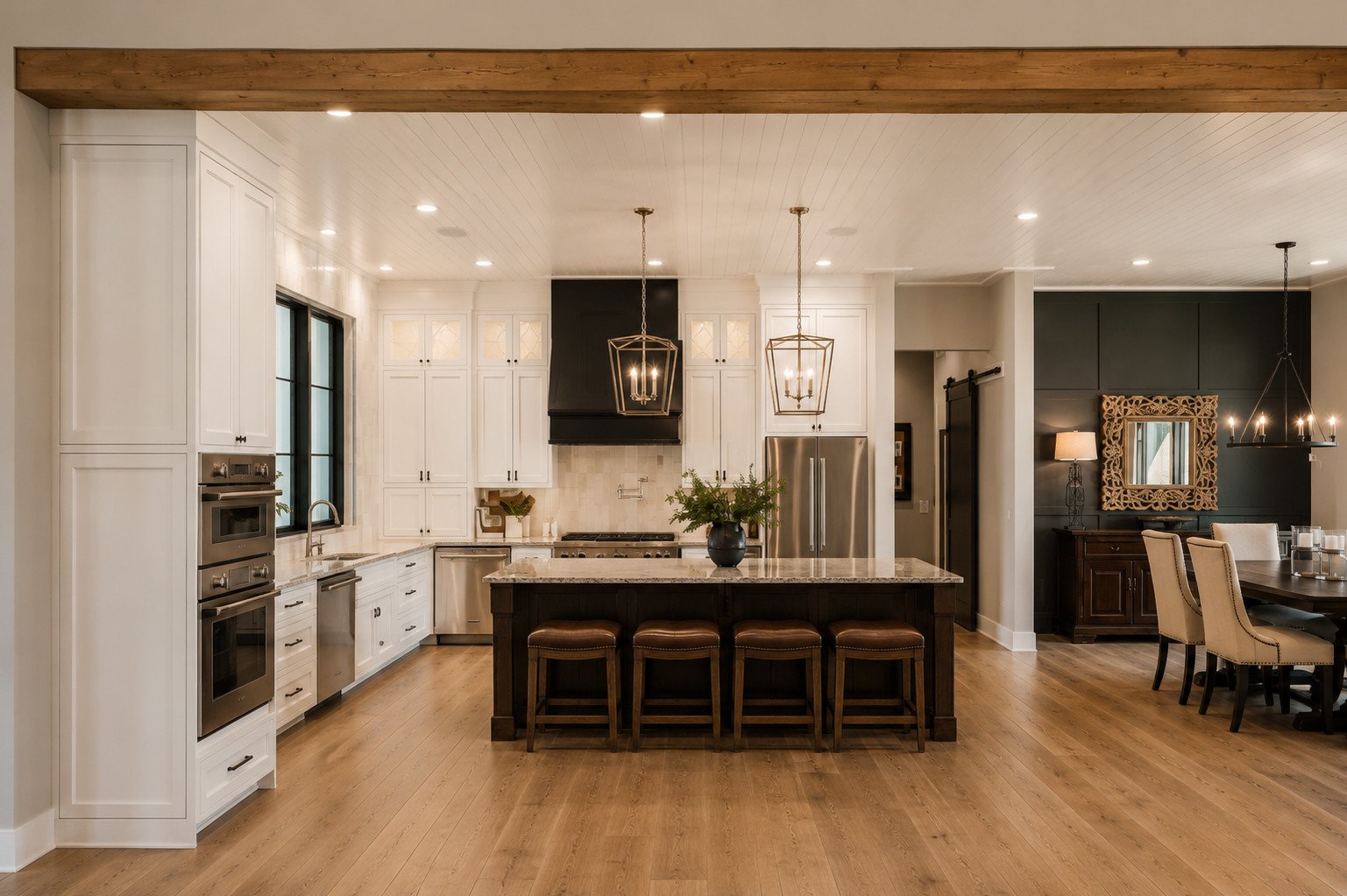 Kitchen with black accent wall and chandelier dining area, Franktown, Colorado