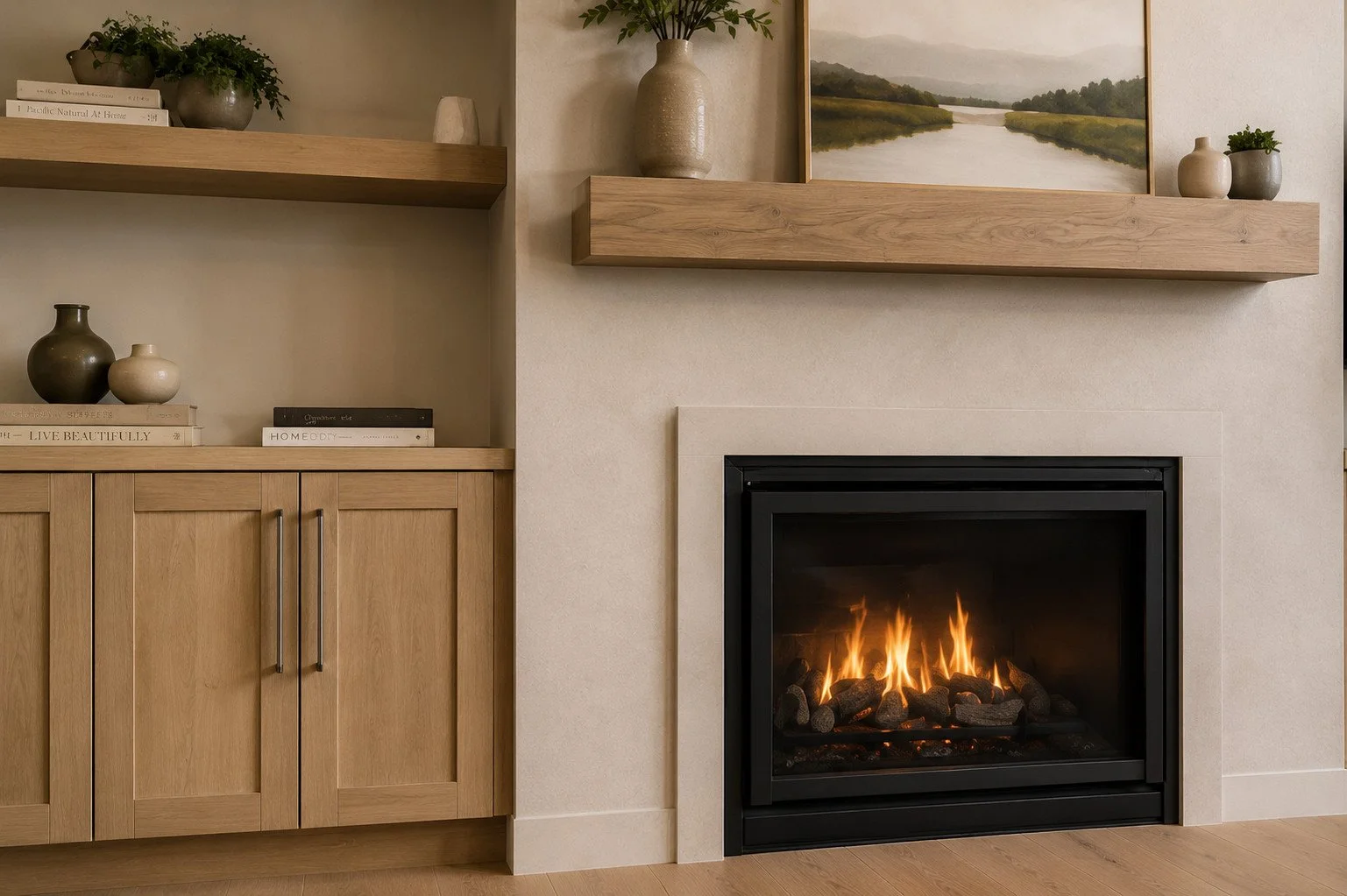 Fireplace with wood mantel and custom oak built-ins, Parker, Colorado