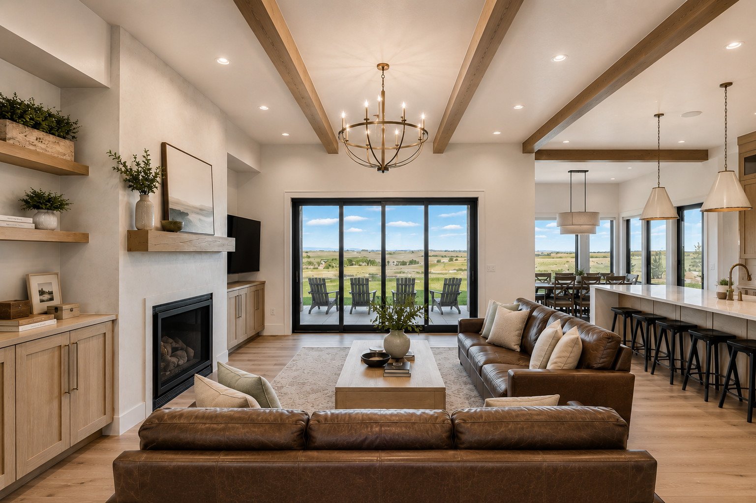 Living room with leather sofa and built-in shelving, Parker, Colorado