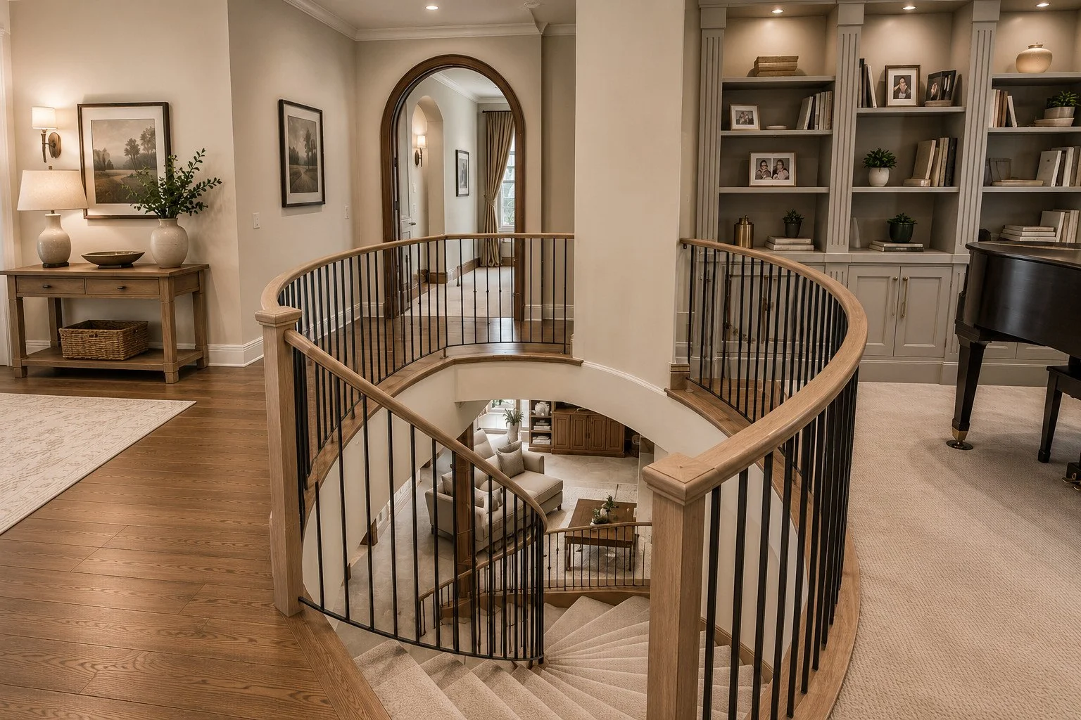 Oak curved staircase with built-in bookshelf and piano, Castle Rock, Colorado