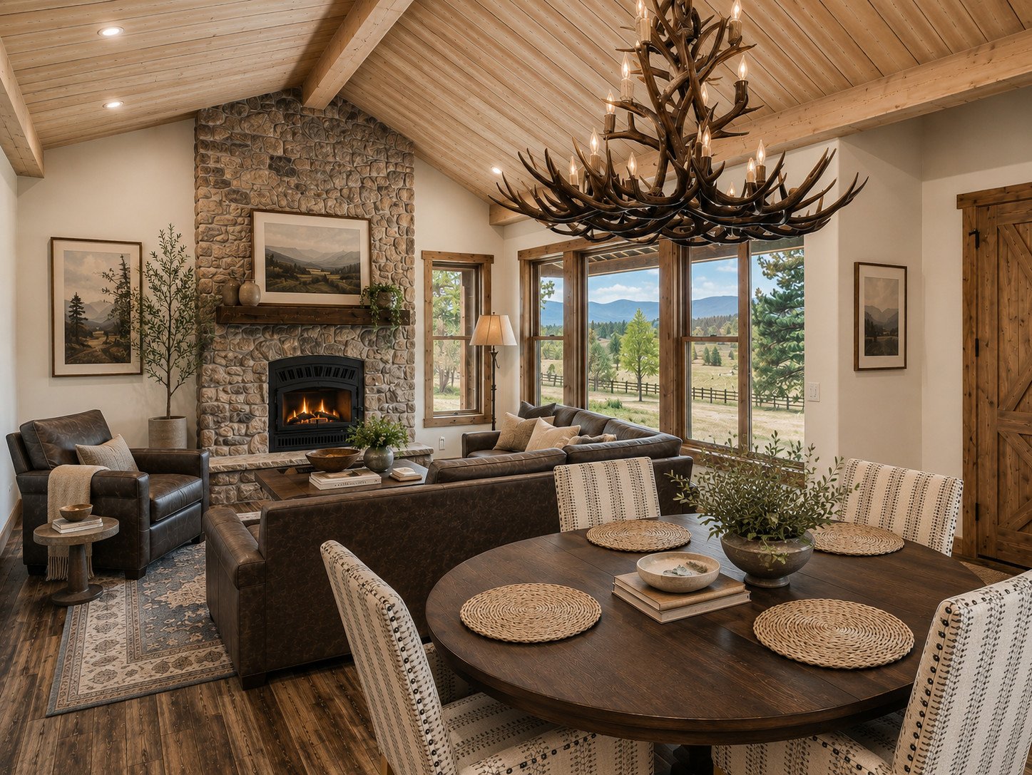 Great room with Vaulted wood ceiling and  antler chandelier, Larkspur, Colorado