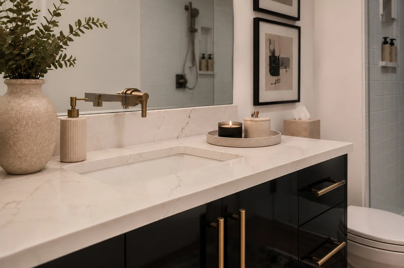 Bathroom vanity with marble counter and gold handles, Franktown, Colorado