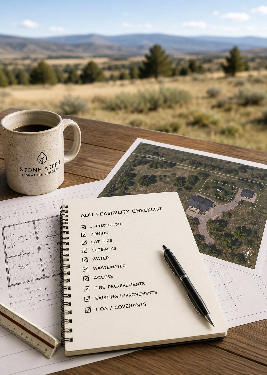 ADU feasibility planning with site plans, property map and checklist for a Douglas County, Colorado property