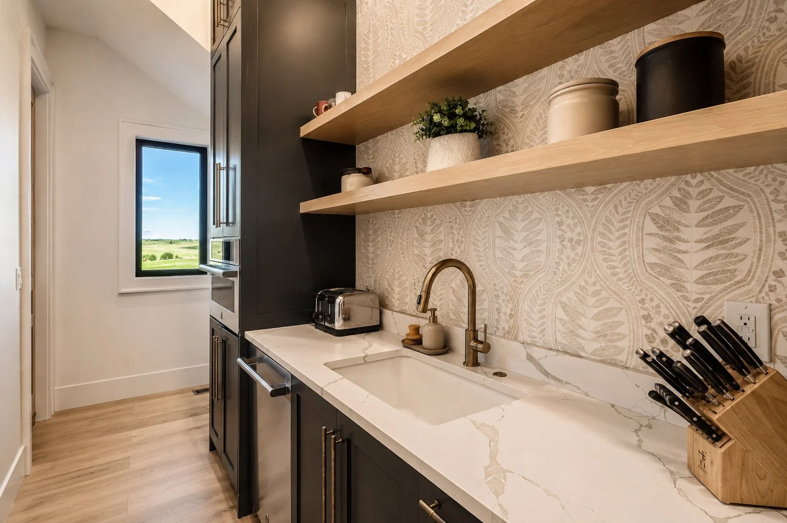 Butler's pantry with black cabinets and gold faucet, Parker, Colorado