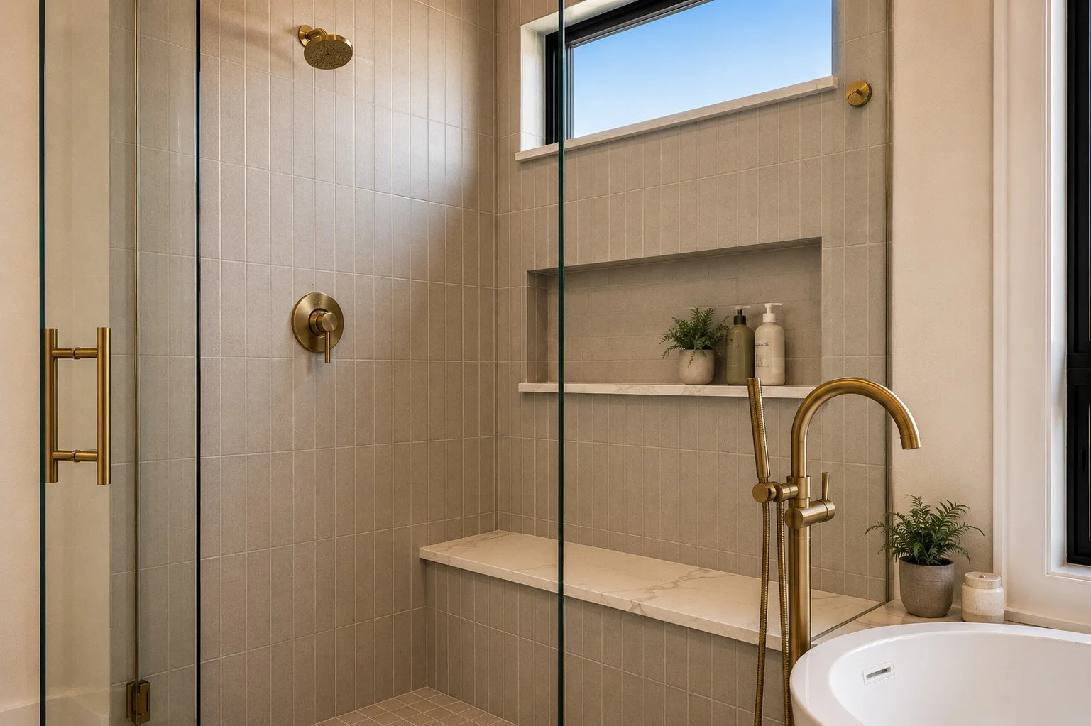 Primary bath glass shower with tiled bench, Parker, Colorado
