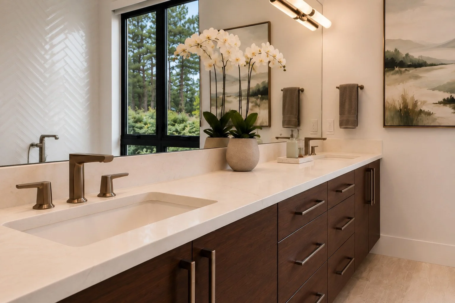 Primary bath vanity with walnut cabinetry, Franktown, Colorado