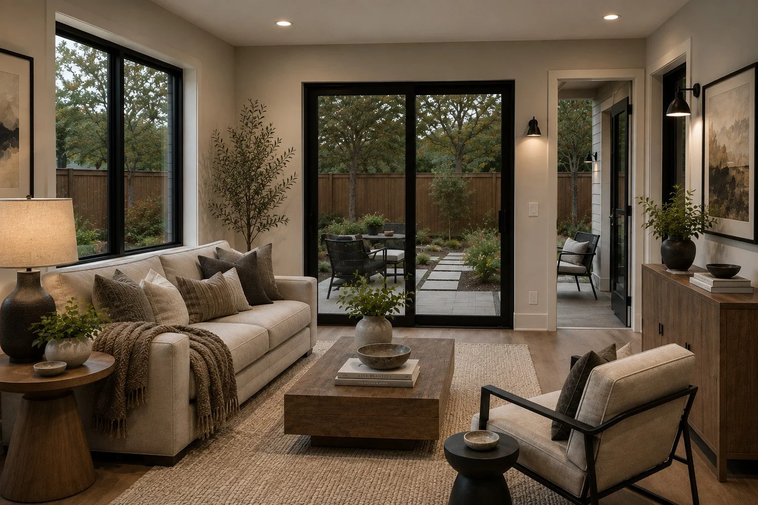 Finished ADU living space with contemporary furnishings and private backyard in Colorado
