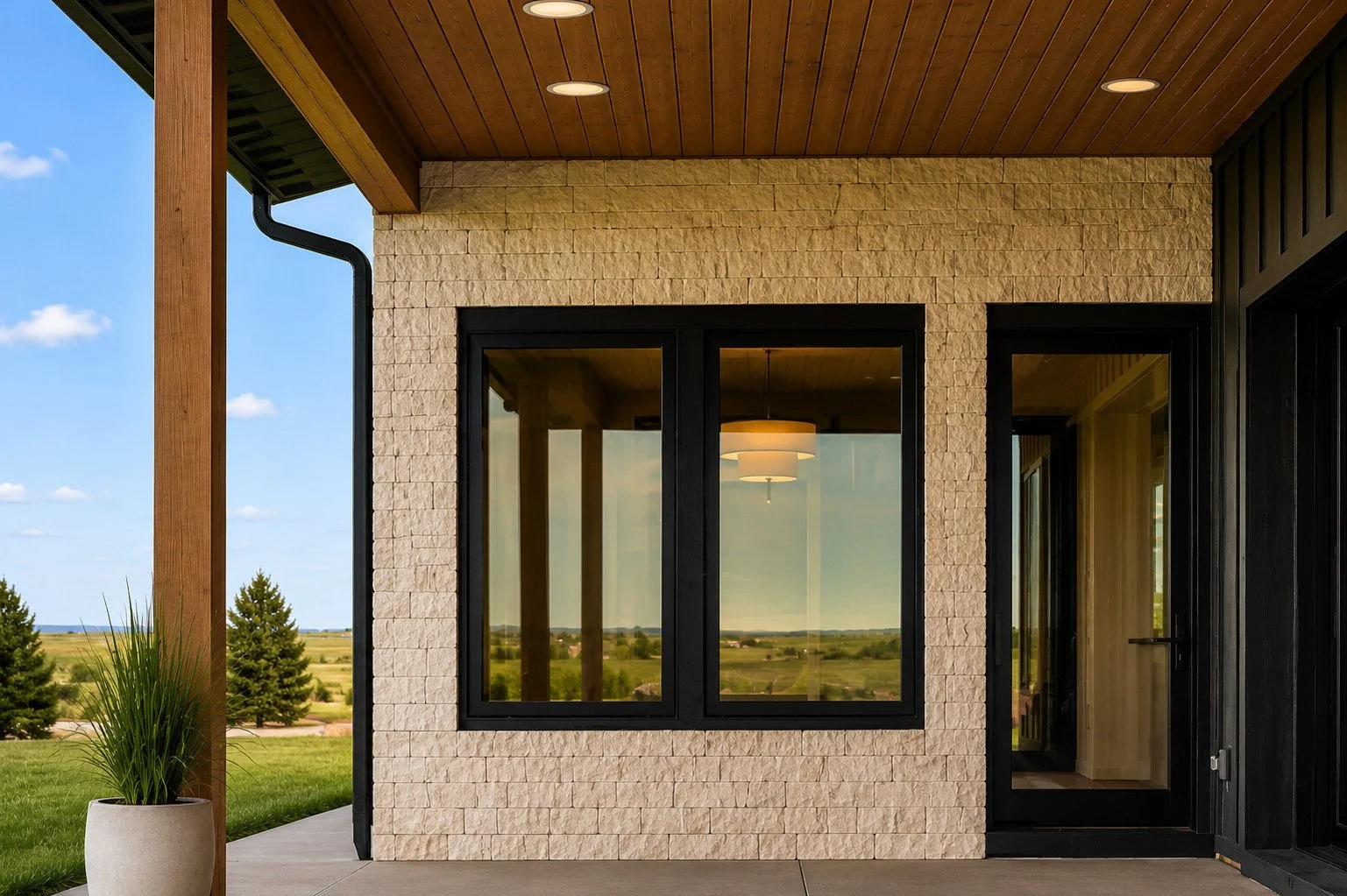Outdoor living space with masonry wall, black-framed windows and wood ceiling, Parker, Colorado