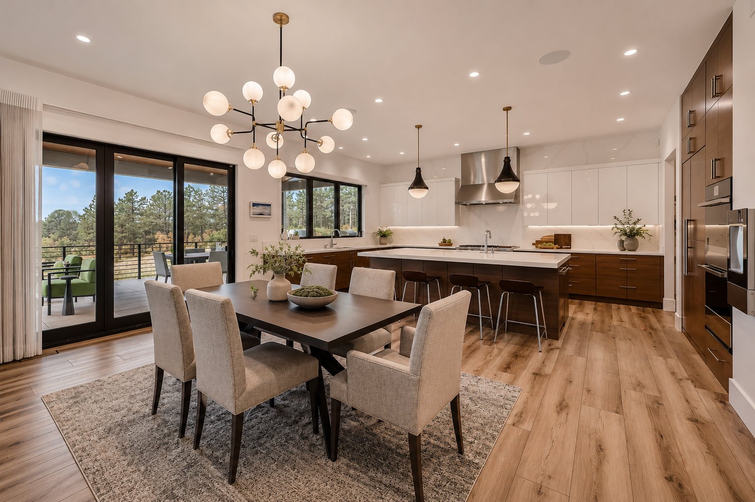 Modern kitchen and dining area with sliding glass door opening to outdoor balcony, wood flooring, beige chairs around a dark dining table, white cabinets with a marble backsplash, stainless steel range hood, pendant and chandelier lighting.