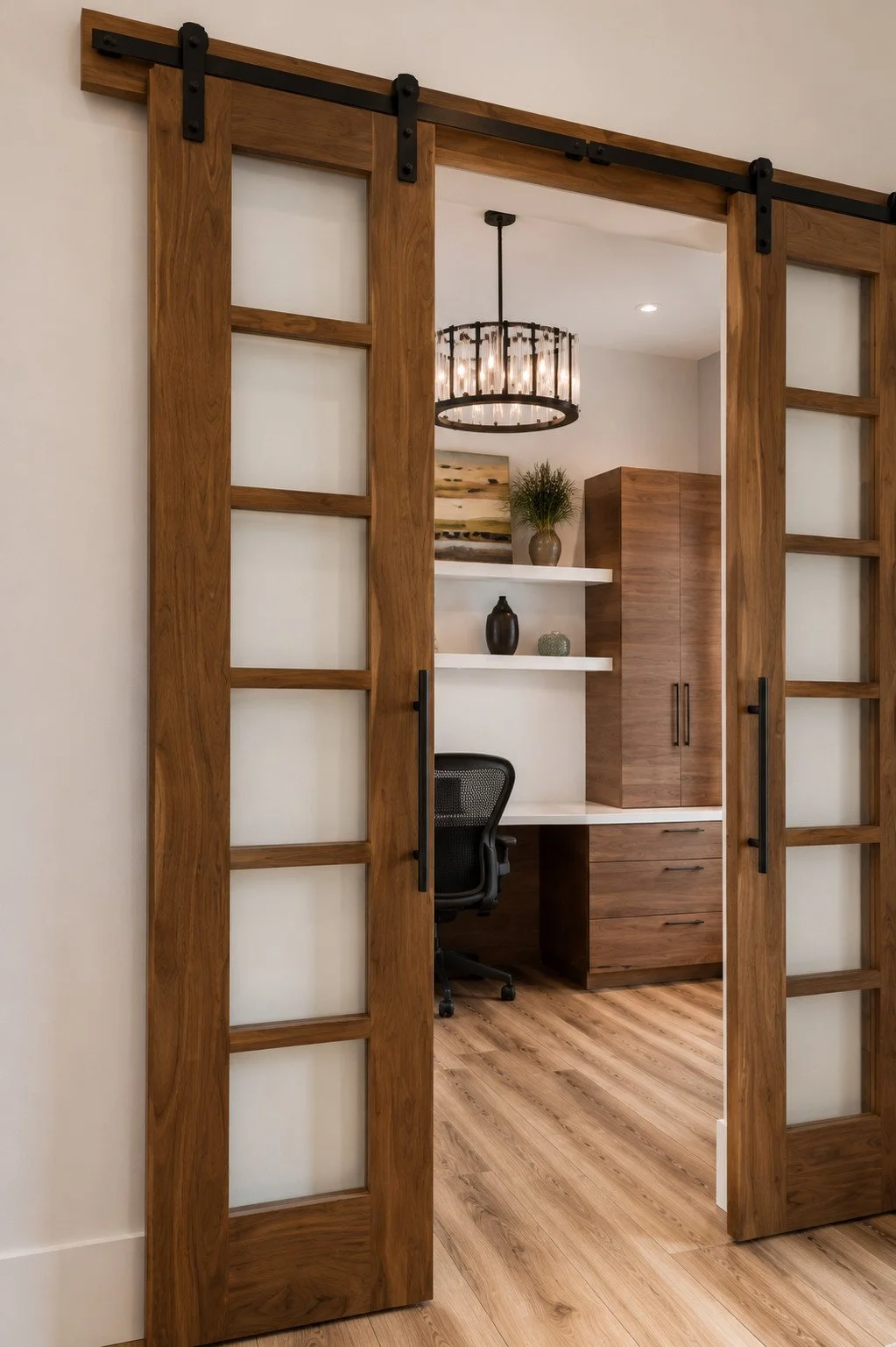 Home office nook behind walnut barn doors, Franktown, Colorado