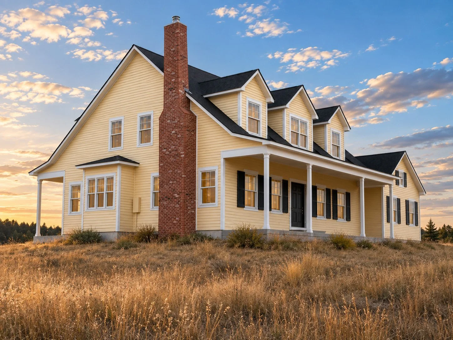 Traditional custom farmhouse side elevation home exterior with solar roof, Elizabeth, Colorado