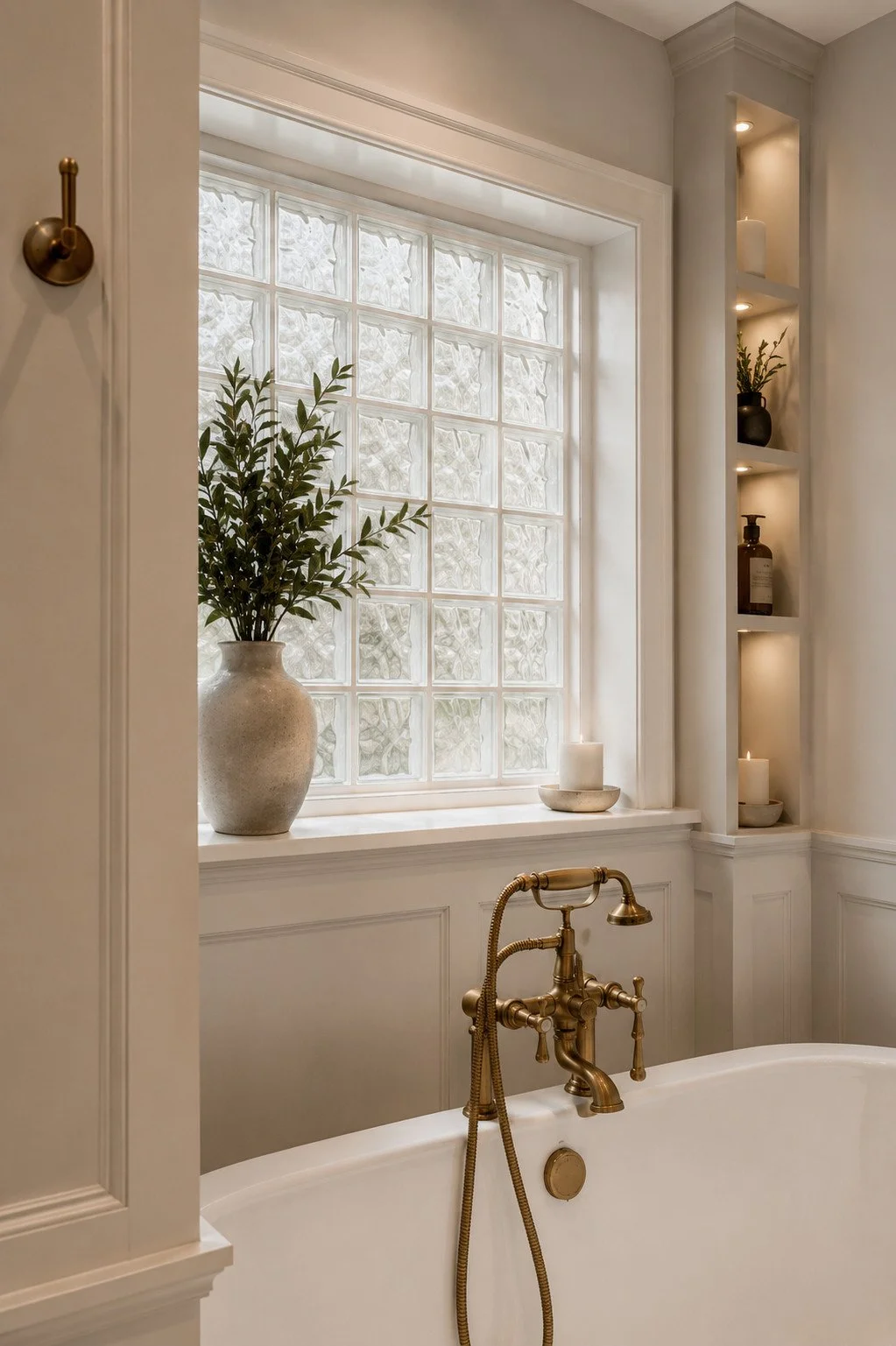 Bathroom with glass block window and antique faucet, Elizabeth, Colorado.
