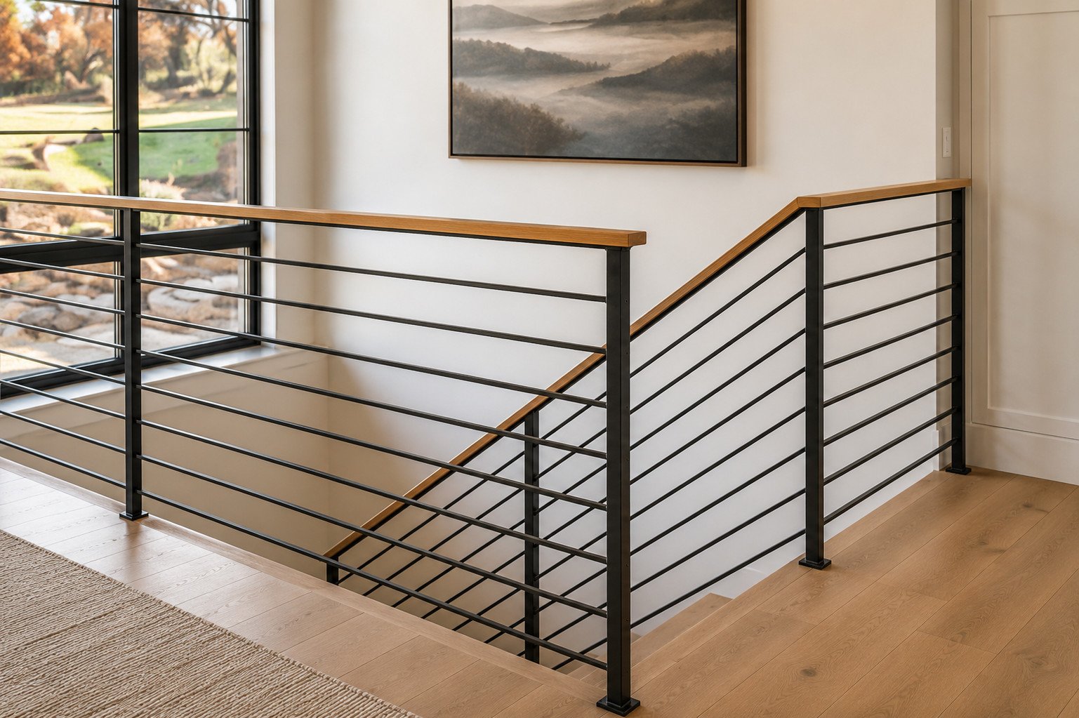 Staircase railing with oak handrail and steel horizontal balusters, Franktown, Colorado