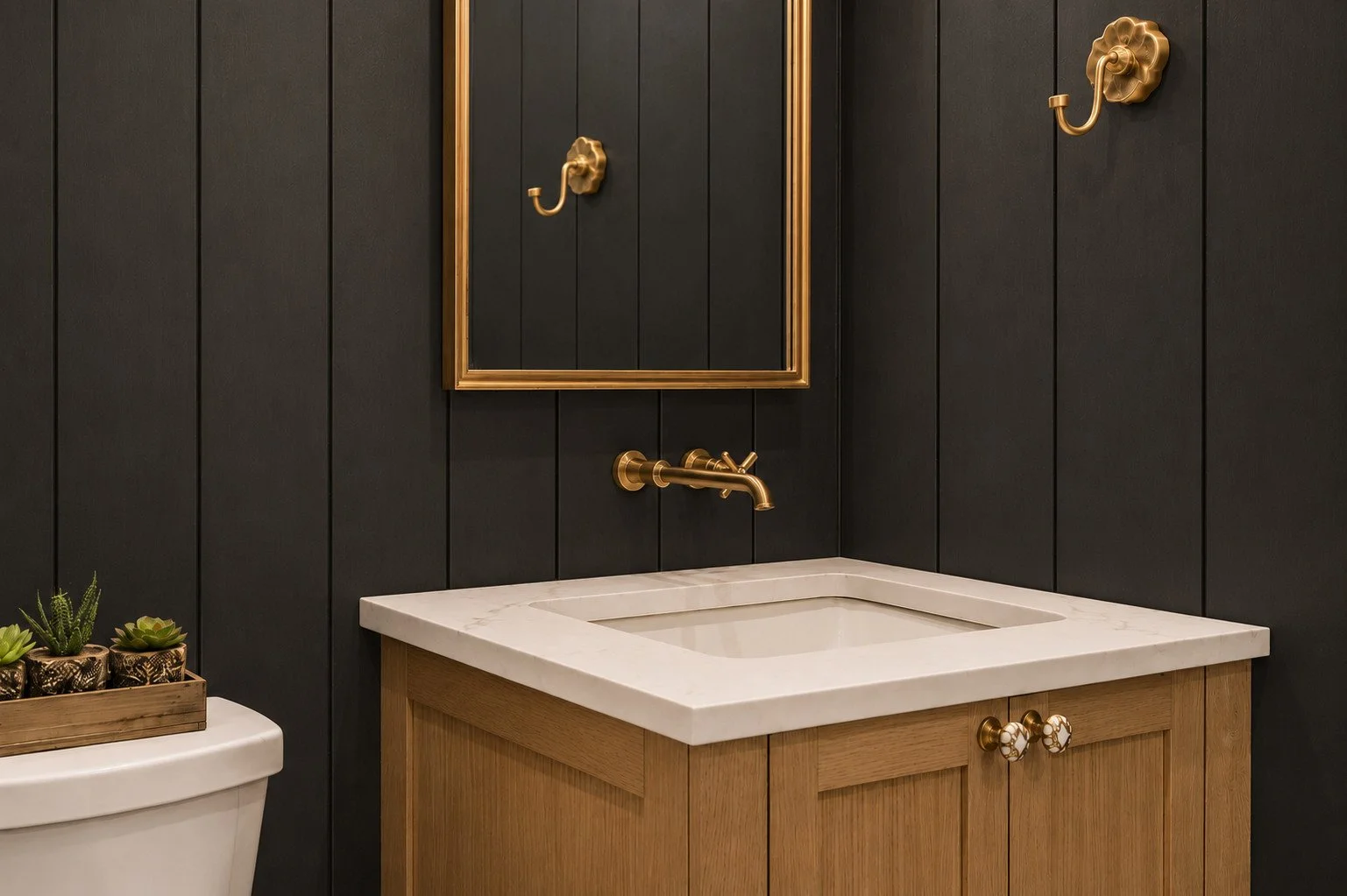 Powder bath with black shiplap and marble countertop, Parker, Colorado