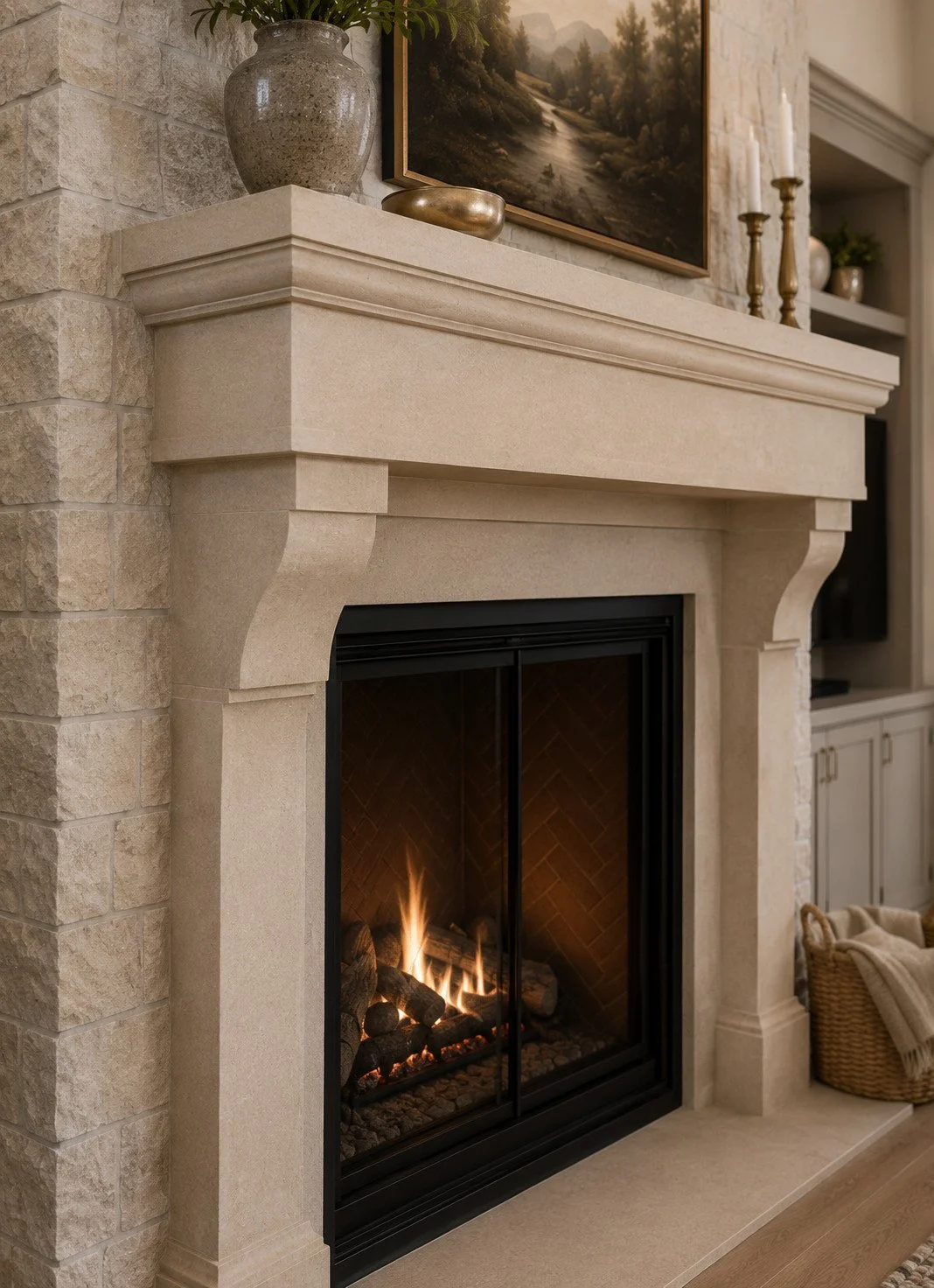 Fireplace with stone mantel columns, Sedalia, Colorado