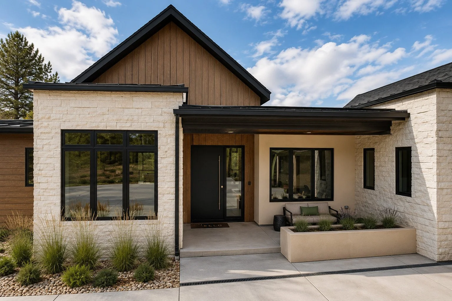 Scandinavian modern vaulted gables, with natural stone, wood siding, black accents and covered entry, Franktown, Colorado