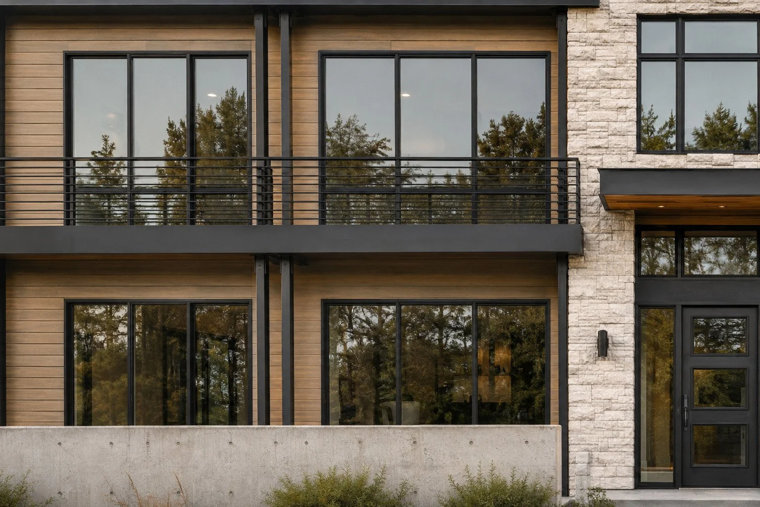 Contemporary custom home architectural detail with stone, wood siding and expansive black-framed windows, Larkspur, Colorado
