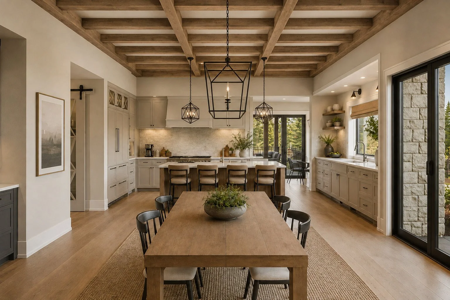 Kitchen and dining area with wood beams and black chairs, Castle Rock, Colorado