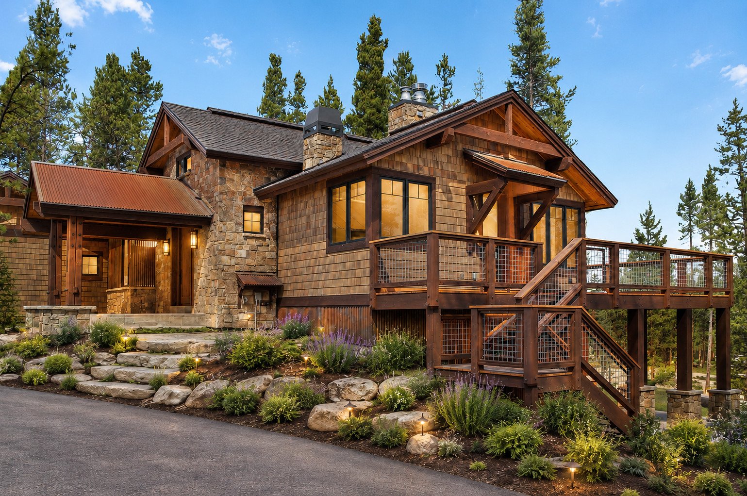 Colorado custom home with natural stone, wood siding, landscaped entry and architectural lighting, Fraser, Colorado