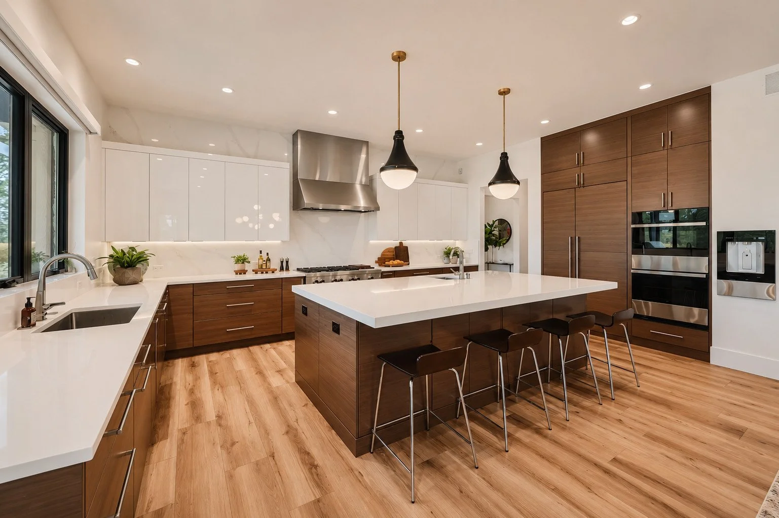 Kitchen with white island, walnut cabinetry and black bar stools, Franktown, Colorado