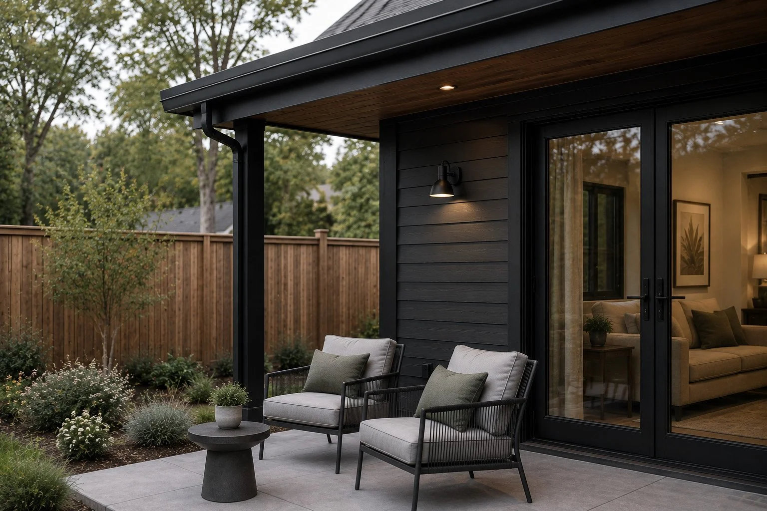 Covered patio and outdoor living area of a detached ADU in a Colorado backyard