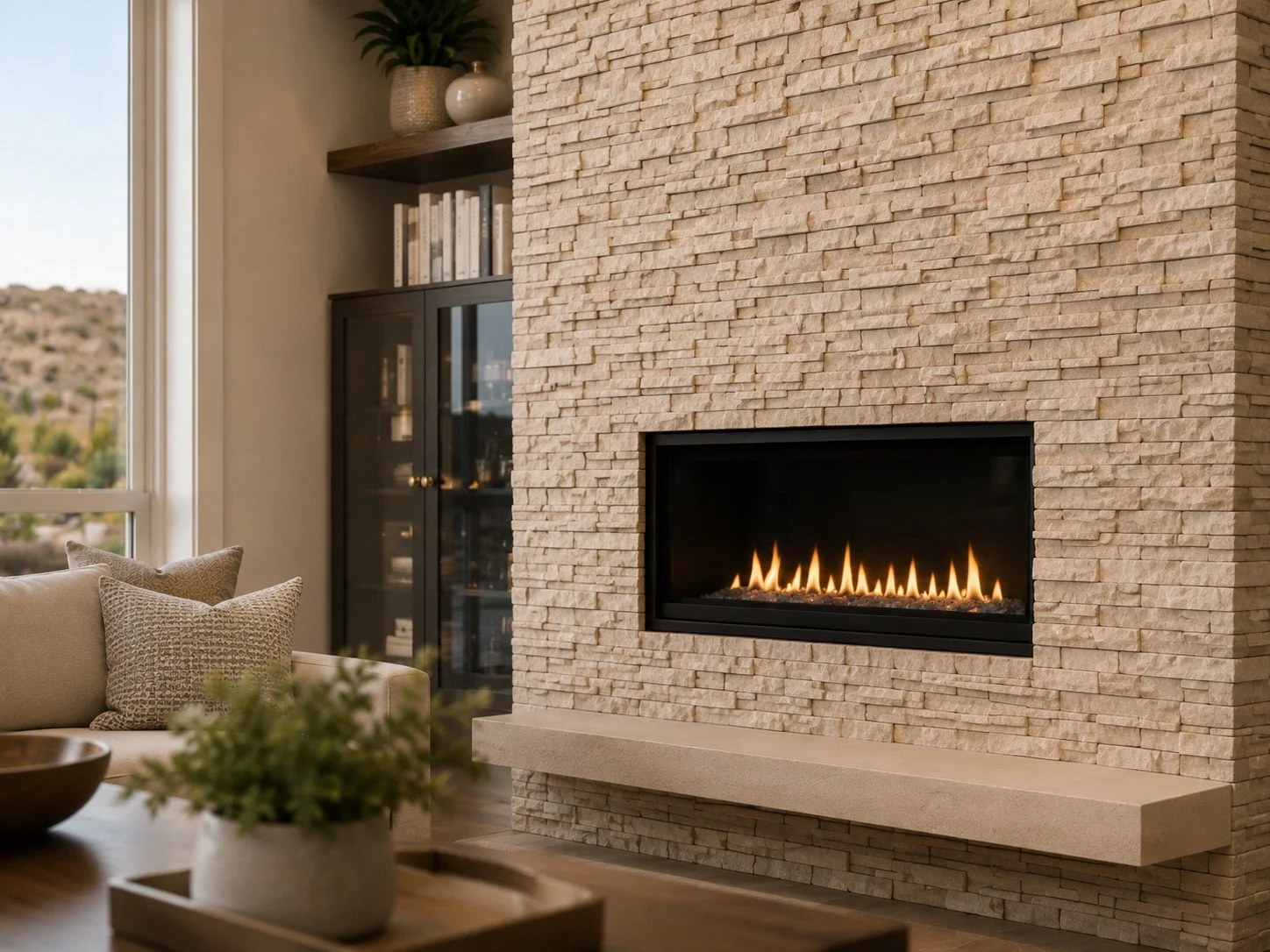 Living room with beige couch and stone fireplace, Parker, Colorado