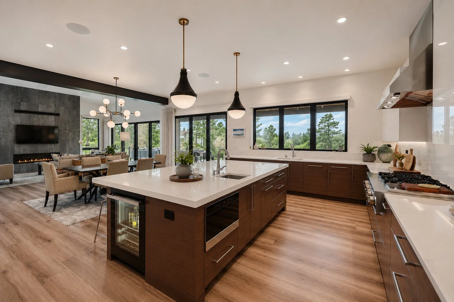 Open-concept kitchen and living room with modern lighting, Franktown, Colorado