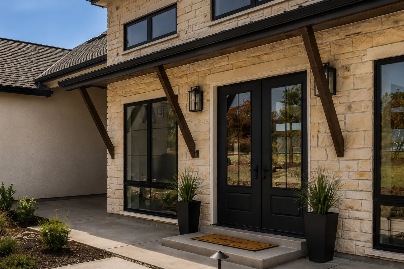 Custom home entry with stone and timber detailing, Franktown, Colorado