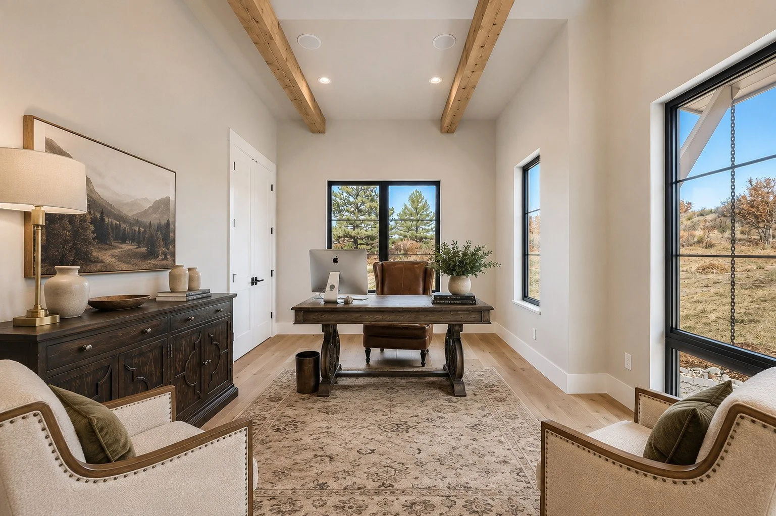 Home office with wood desk and outdoor view, Franktown, Colorado