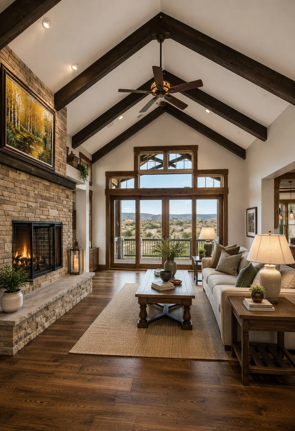 Living room with vaulted beamed ceilings and stone fireplace, Sedalia, Colorado