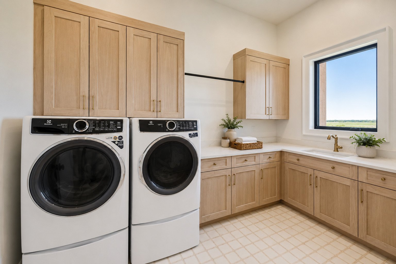Laundry room with custom oak cabinets and hanging rod, Parker Colorado
