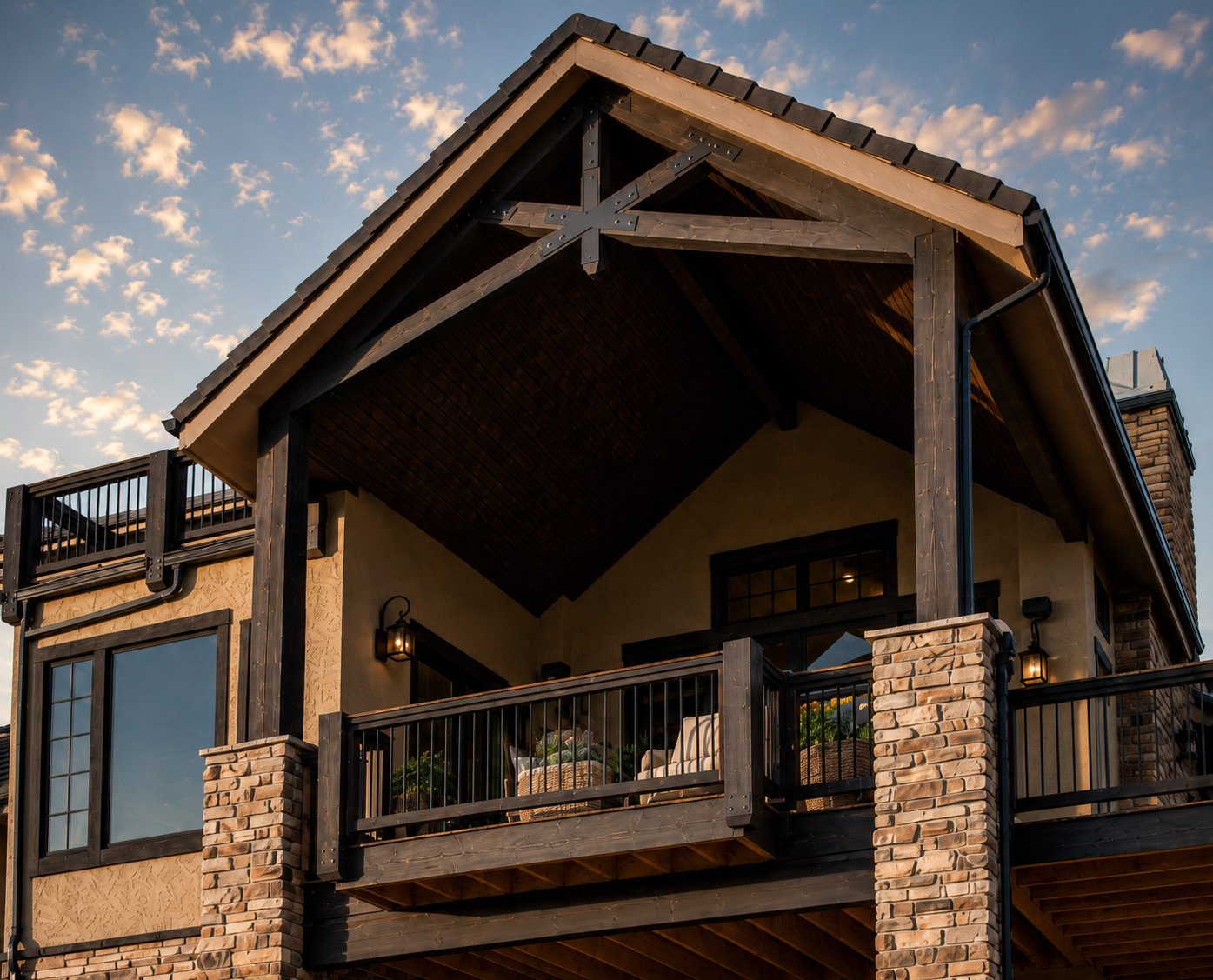 Upper deck with stone and timber columns, black railing and steep gabled roof, Sedalia, Colorado