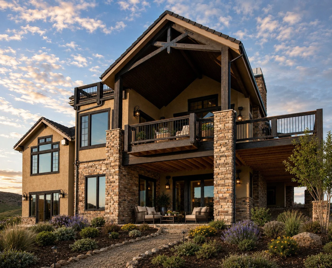 Rustic two-story Colorado custom home rear elevation with stone, stucco and covered balcony at sunset, Sedalia, Colorado