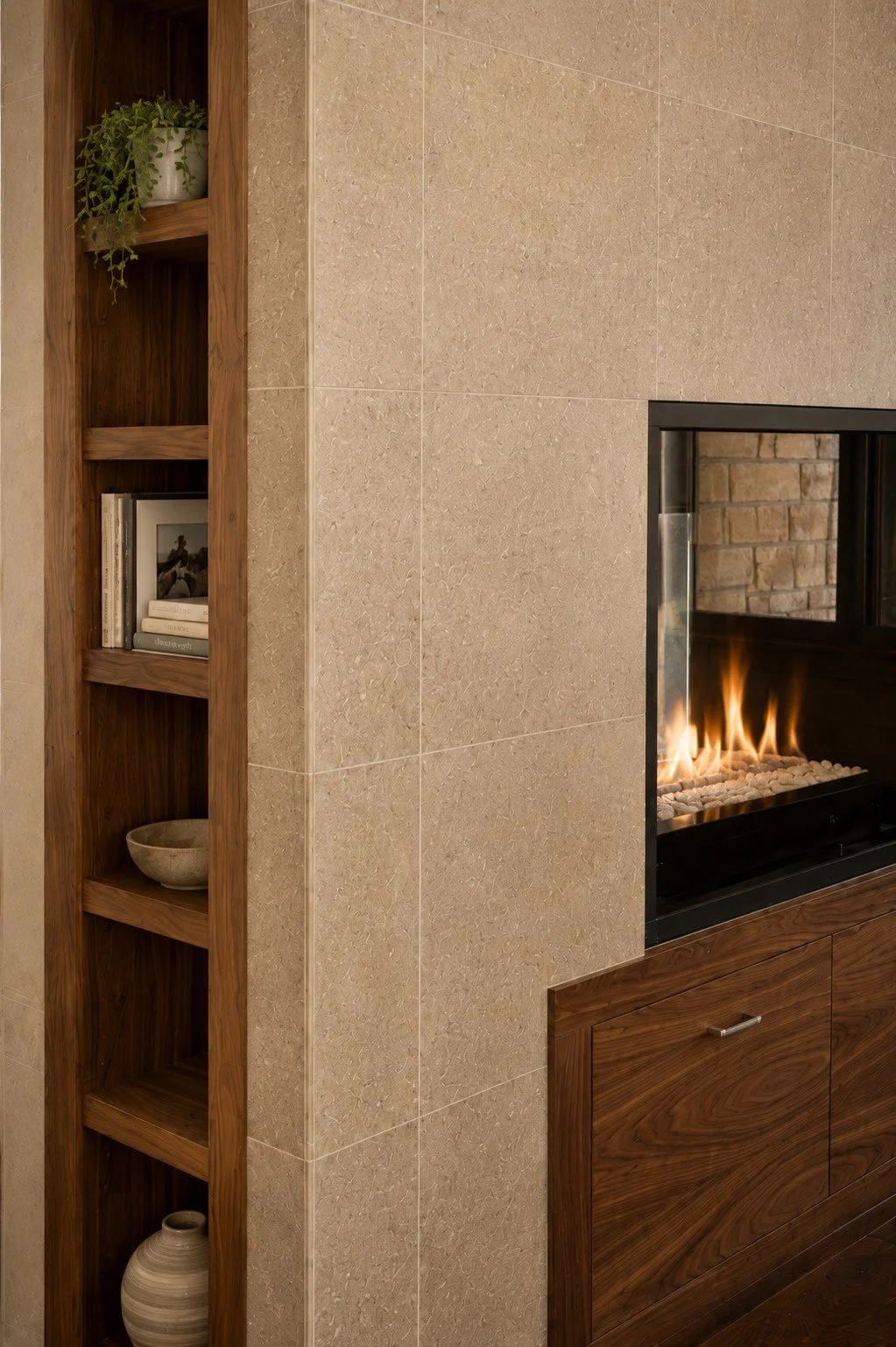 Double Sided Tiled Fireplace Walnut Built-In, Fraser, Colorado