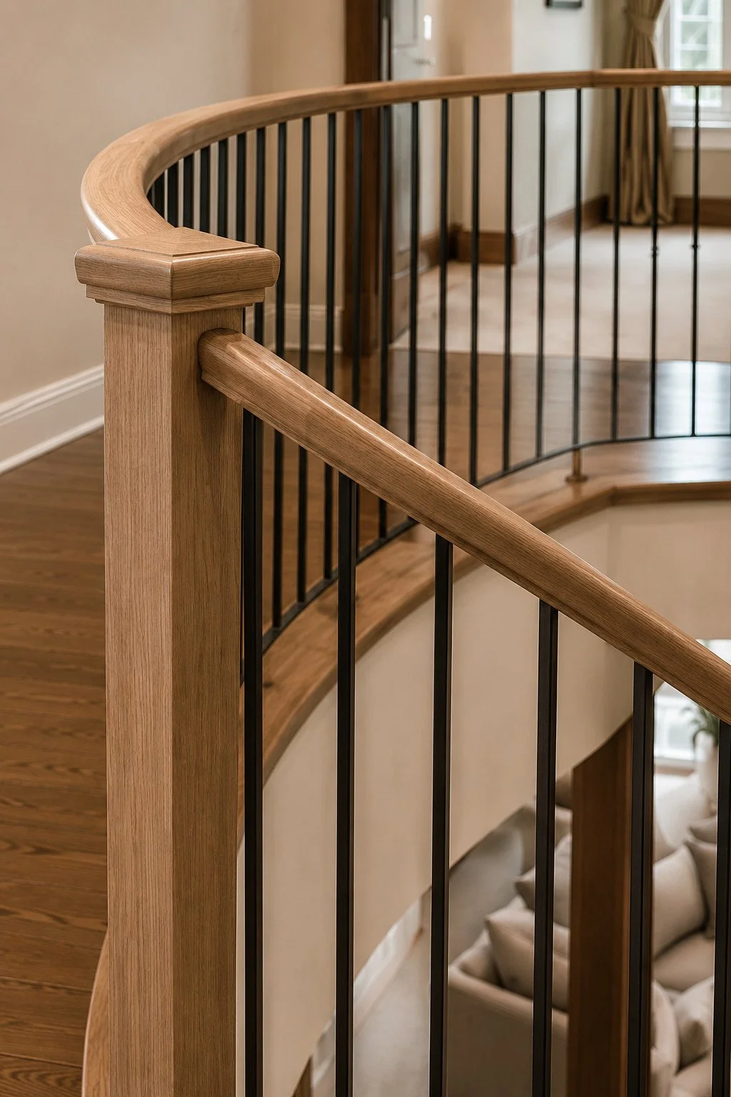 Oak curved staircase handrail detail, Castle Rock, Colorado