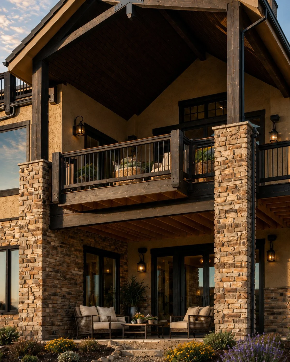 Rustic custom home rear elevation with masonry, wood detailing, balcony and covered patio, Sedalia, Colorado