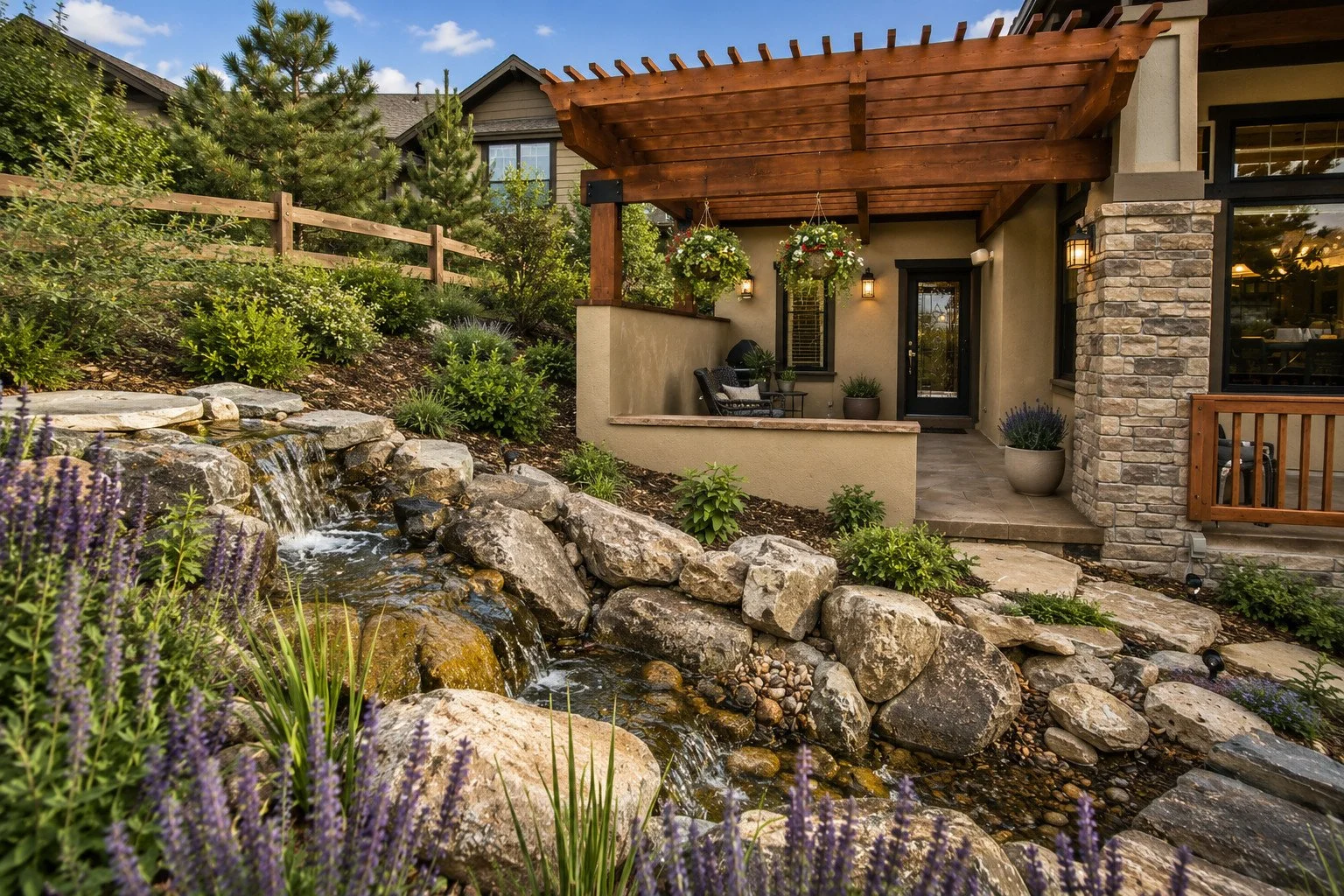 Stone patio and  outdoor living area with a covered custom canopy, Castle Rock, Colorado