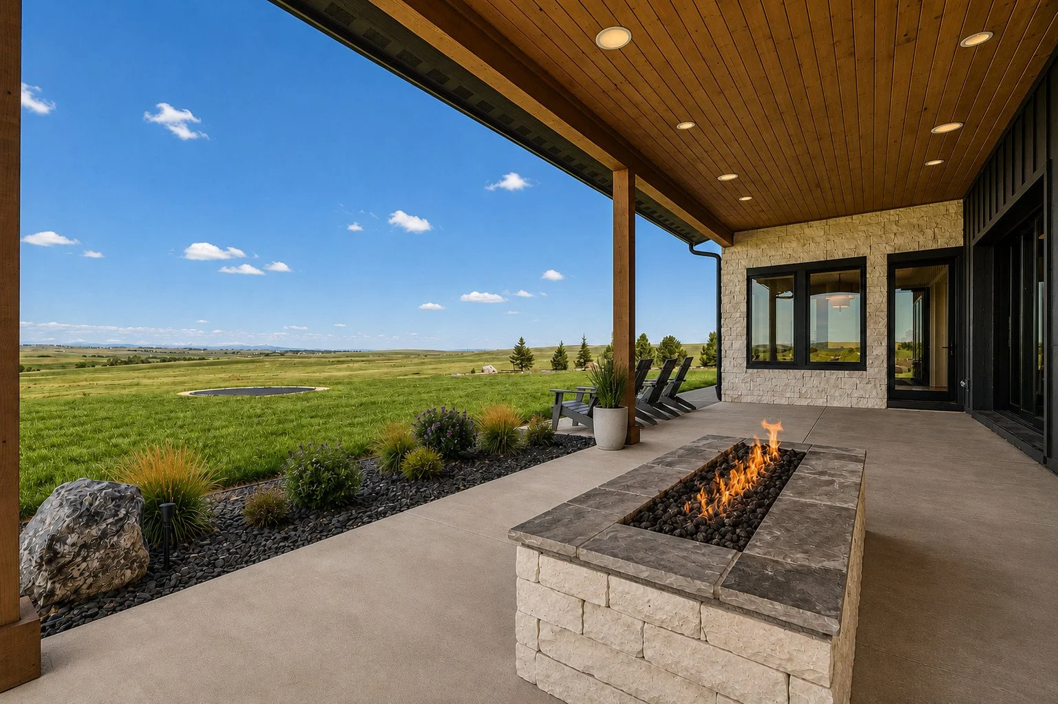 Covered  home patio with T&G ceiling and  fire pit overlooking Colorado acreage, Parker, Colorado