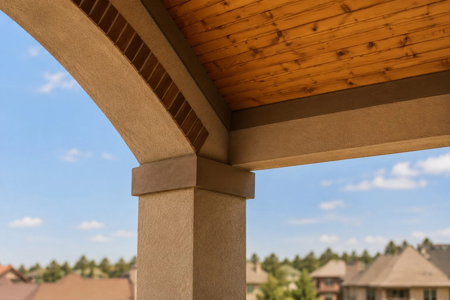 Architectural detail with stucco column, arched opening and wood soffit, Castle Rock, Colorado