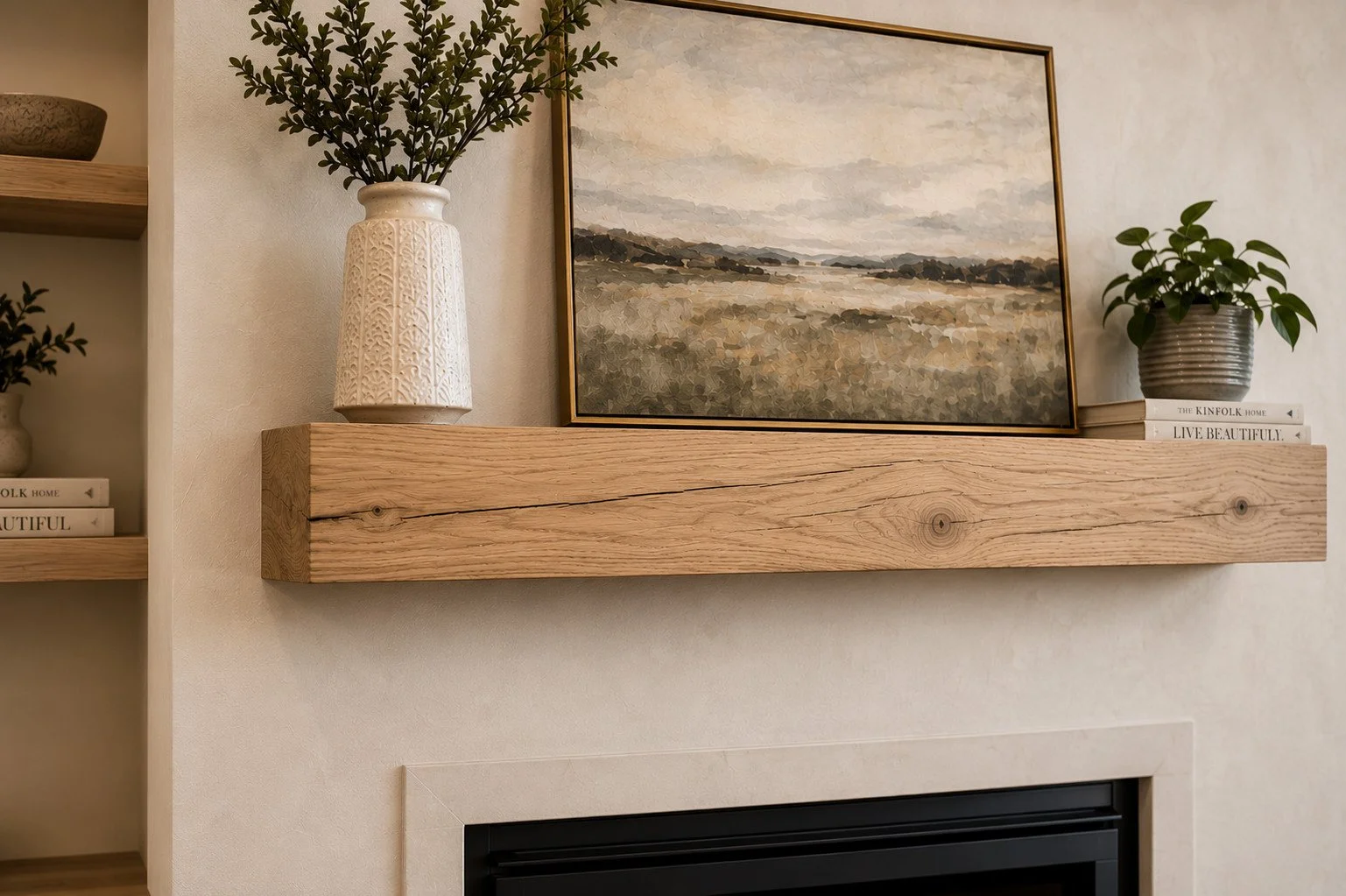 Rustic fireplace mantel detail on plastered fireplace, Parker, Colorado