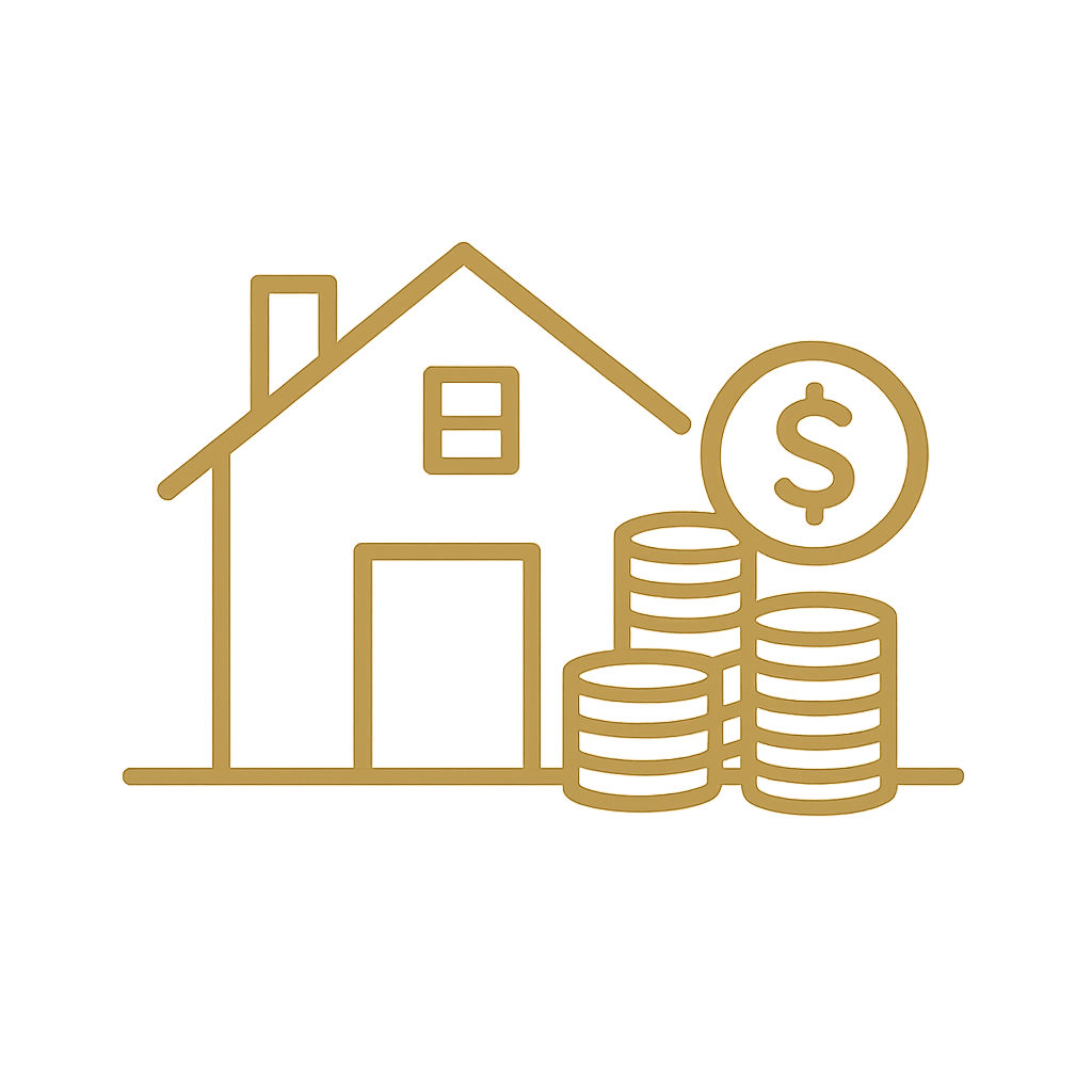 Golden line drawing of a house with stacks of coins and a dollar sign, symbolizing real estate and financial investment.