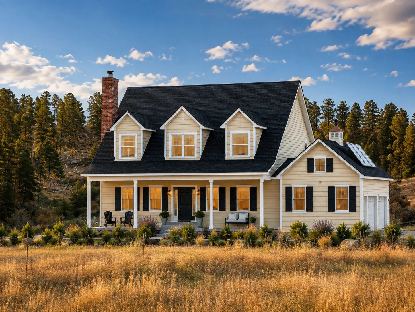 Traditional custom farmhouse front elevation home exterior with solar roof, Elizabeth, Colorado
