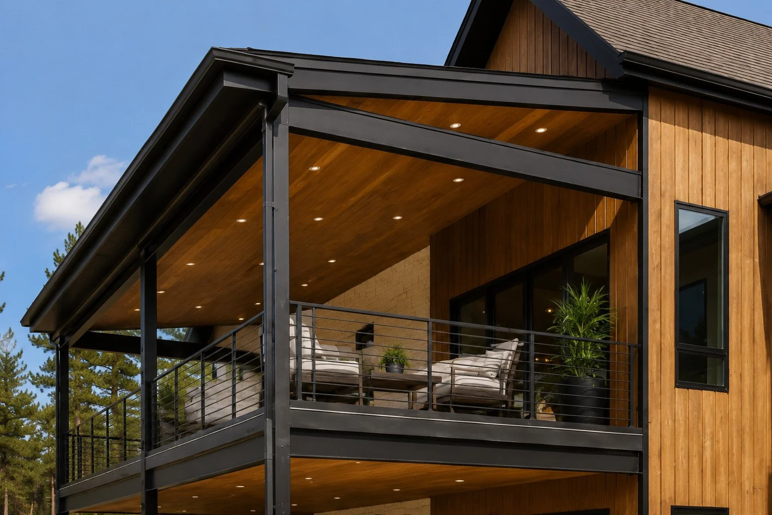 Custom home with expansive steel deck and outdoor living space, Franktown, Colorado