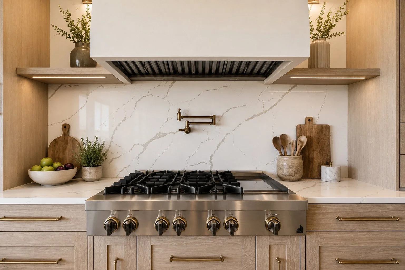Kitchen range with marble backsplash and gas stove, Parker, Colorado