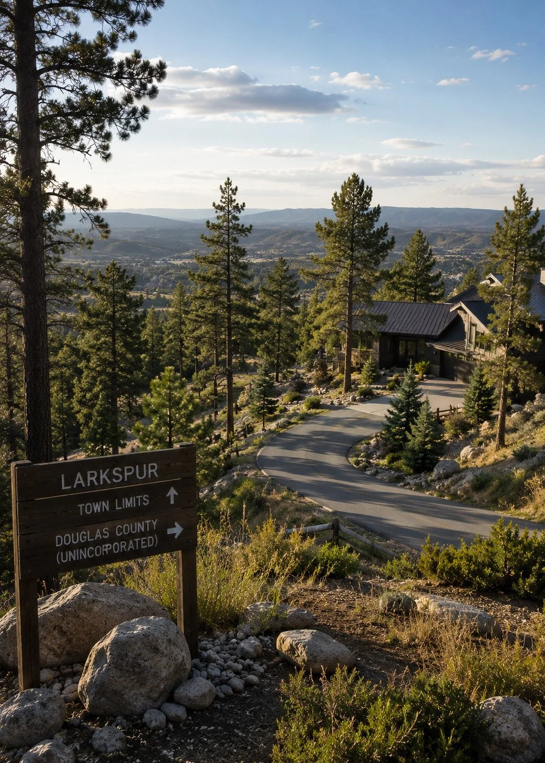 Wooded Larkspur, Colorado property illustrating the jurisdiction distinction between Town limits and unincorporated Douglas County