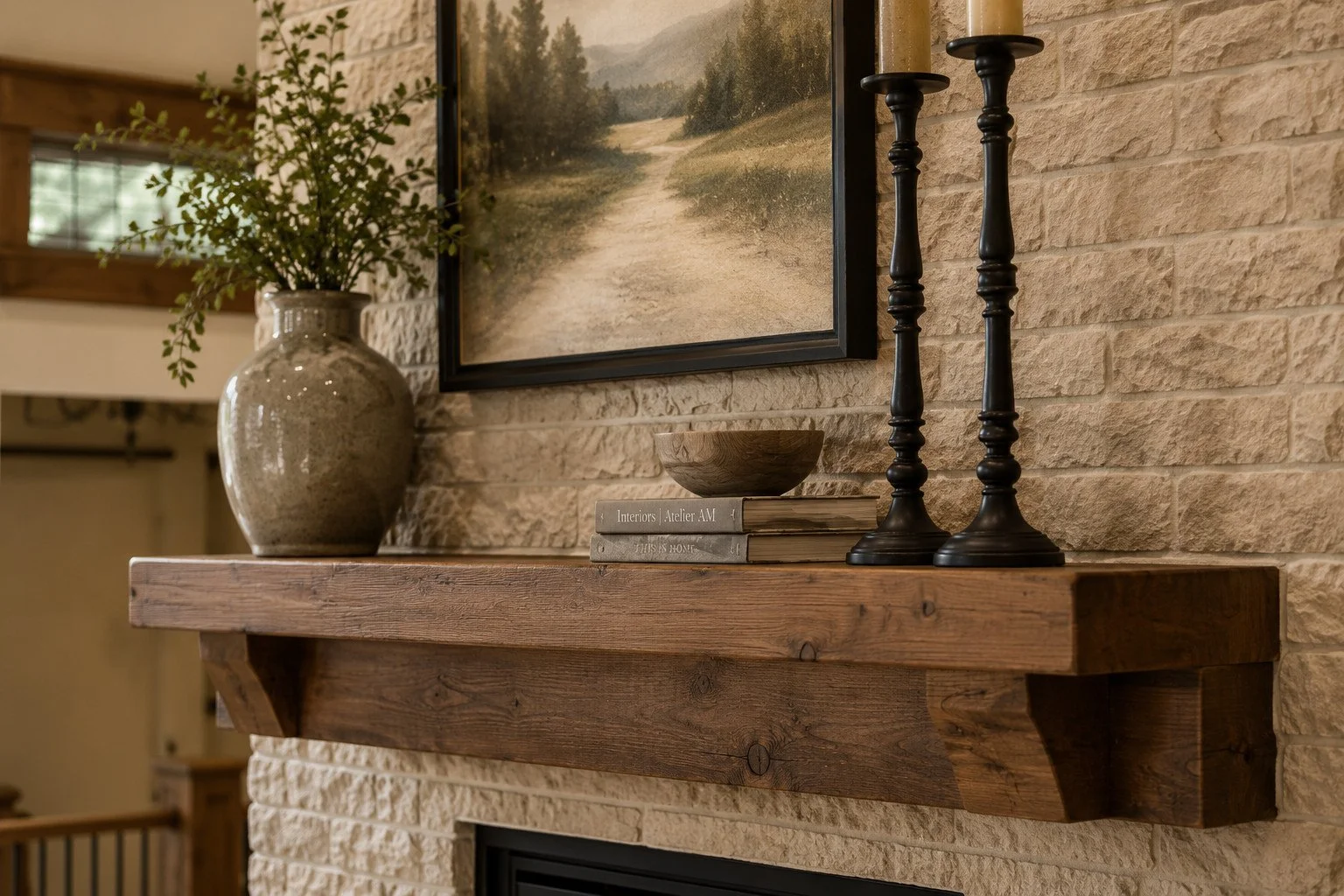 Custom alder rustic fireplace mantel, Sedalia, Colorado